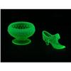 Image 1 : TWO OPALESCENT VASELINE GLASS PIECES SHOE & CANDLE
