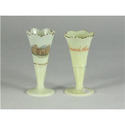 TWO SOUVENIR CUSTARD GLASS BUD VASES