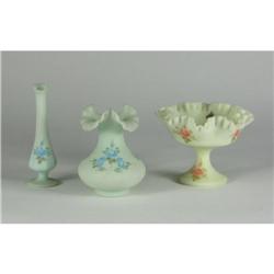 THREE HANDPAINTED FENTON CUSTARD GLASS VASES