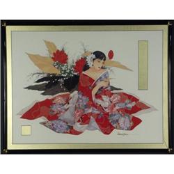 LITHOGRAPH CAROLINE YOUNG WOMAN CRANE KIMONO