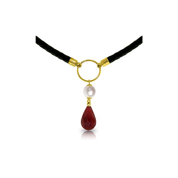Genuine 10.80 ctw Ruby & Pearl Necklace 14KT Yellow Gold - REF-64K4V