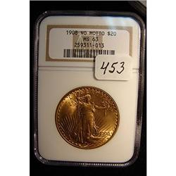 1908 $20 Saint Gaudens Gold NGC MS 63