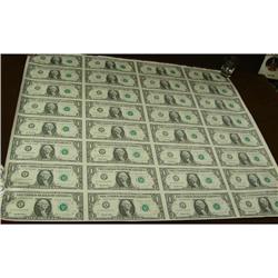 Uncut sheet of 32 $1.00 Federal Reserve