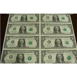 Uncut sheet of 8 $1.00 Federal Reserve