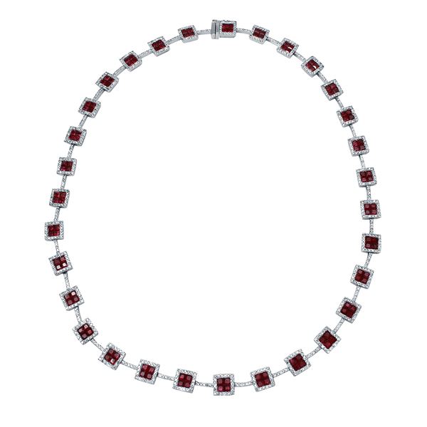 Natural 18.67 CTW Ruby & Diamond Necklace 14K White Gold - REF-604R8K