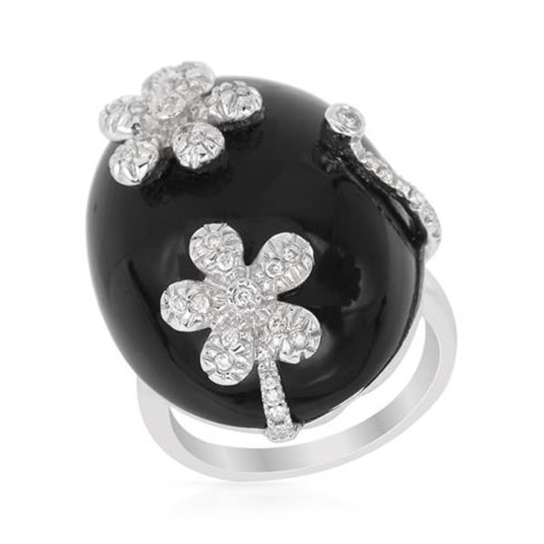 Natural 38.46 CTW Onyx & Diamond Ring 14K White Gold - REF-73Y8N