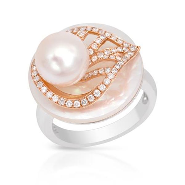 Natural 0.74 CTW Pearl & Diamond Ring 14K Two Tone Rose Gold - REF-108H2W
