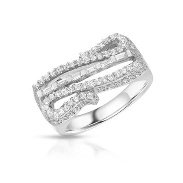Natural 1.10 CTW Diamond & Baguette Ring 18K White Gold - REF-206M3F