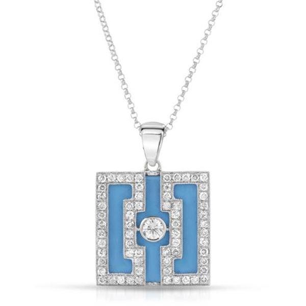 Natural 7.41 CTW Turquoise & Diamond Necklace 18K White Gold - REF-121H5W