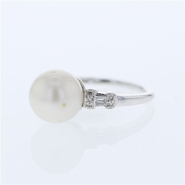 Natural 8.81 CTW Pearl & Baguette Ring 18K White Gold - REF-61M2F