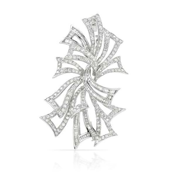 Natural 5.22 CTW Diamond & Baguette Brooch 18K White Gold - REF-711H2W