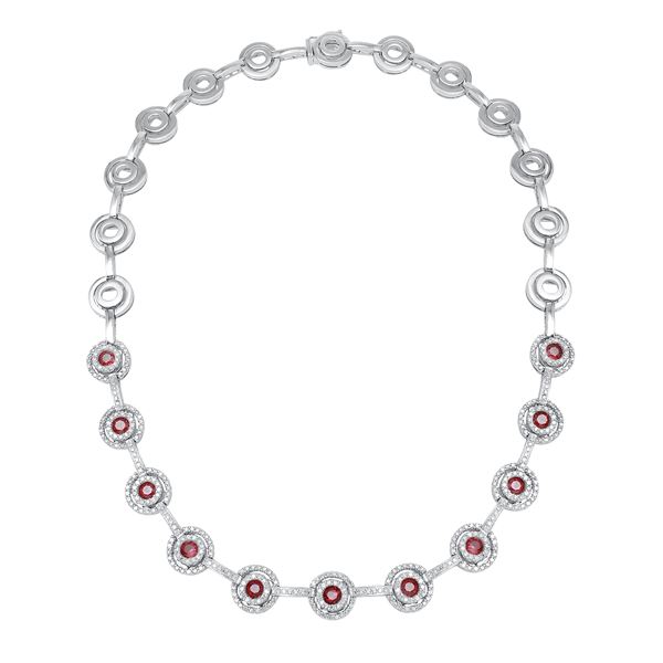 Natural 6.64 CTW Ruby & Diamond Necklace 14K White Gold - REF-592F2M