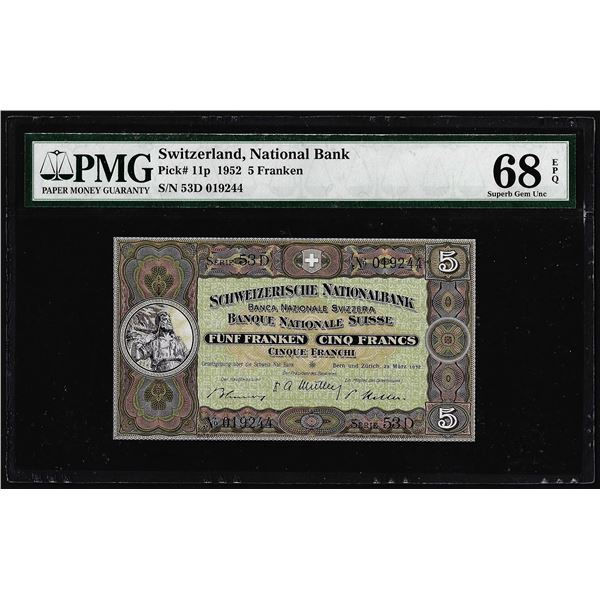 1952 Switzerland 5 Franken Note Pick# 11p PMG Superb Gem Uncirculated 68EPQ