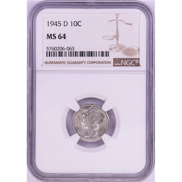 1945-D Mercury Dime Coin NGC MS64
