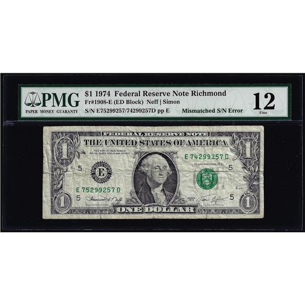 1974 $1 Federal Reserve Note Mismatched Serial Number ERROR PMG Fine 12