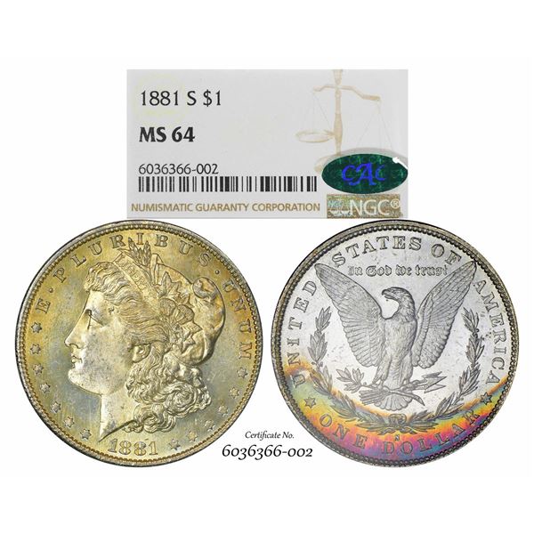 1881-S $1 Morgan Silver Dollar Coin NGC MS64 CAC Amazing Toning
