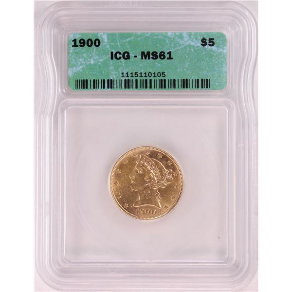 1900 $5 Liberty Head Half Eagle Gold Coin ICG MS61