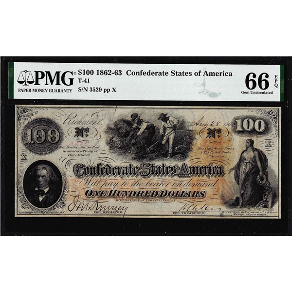 1862 $100 Confederate States of America Note T-41 PMG Gem Uncirculated 66EPQ