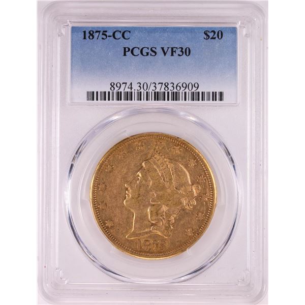 1875-CC $20 Liberty Head Double Eagle Gold Coin PCGS VF30