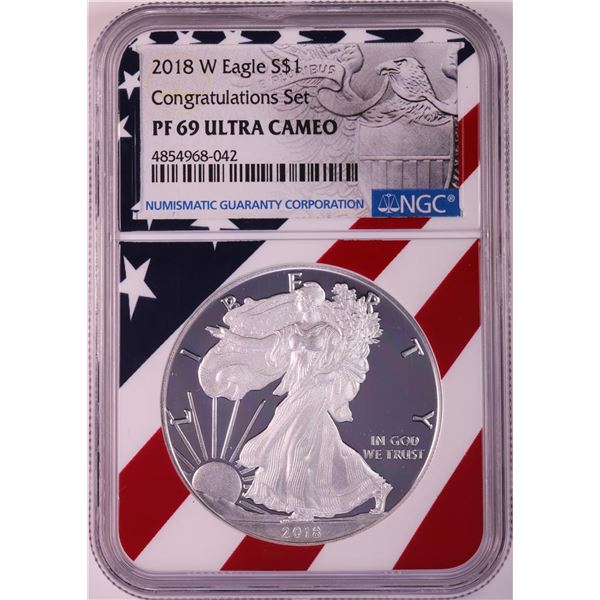 2018-W $1 Proof American Silver Eagle Coin NGC PF69 Ultra Cameo Congratulations Flag