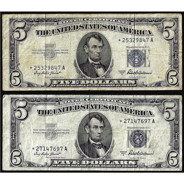 Lot of (2) 1953A $5 Silver Certificate STAR Notes