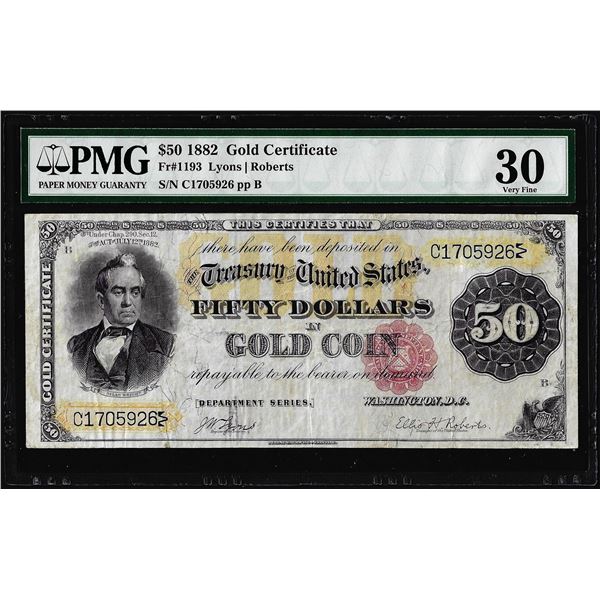 1882 $50 Gold Certificate Note Fr.1193 PCGS Very Fine 30