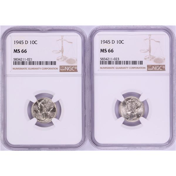 Lot of (2) 1945-D Mercury Dime Coins NGC MS66