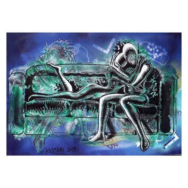 Mark Kostabi "The Stroke Of Midnight,2019" Original Mixed Media on Paper