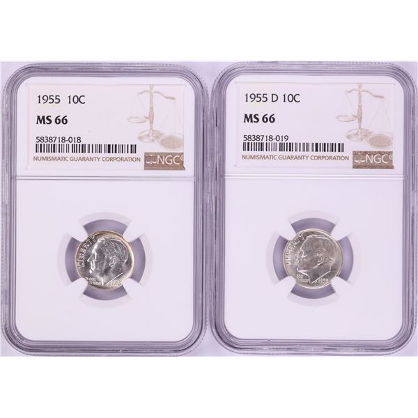 Lot of 1955 & 1955-D Roosevelt Dime Coins NGC MS66