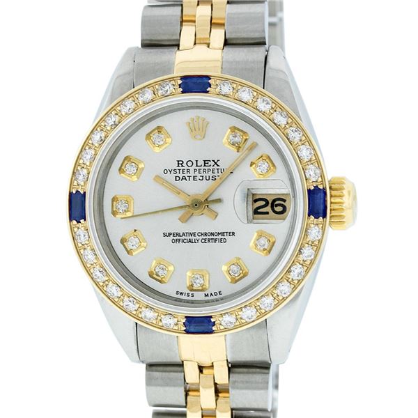 Rolex Ladies Two Tone Steel & Gold Silver Diamond & Sapphire Datejust Wristwatch