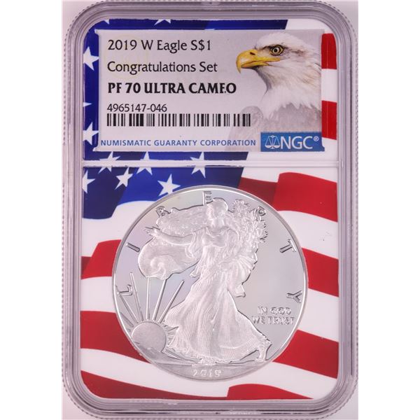 2019-W $1 Proof American Silver Eagle Coin NGC PF70 Ultra Cameo Congratulations Flag
