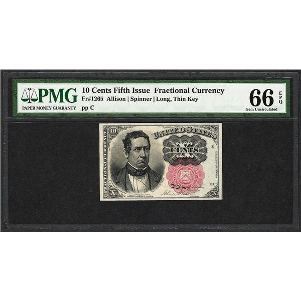 1874 10 Cent Fifth Issue Fractional Currency Note Fr.1265 PMG Gem Uncirculated 66EPQ