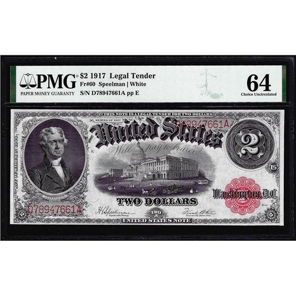 1917 $2 Legal Tender Note Fr.60 PMG Choice Uncirculated 64
