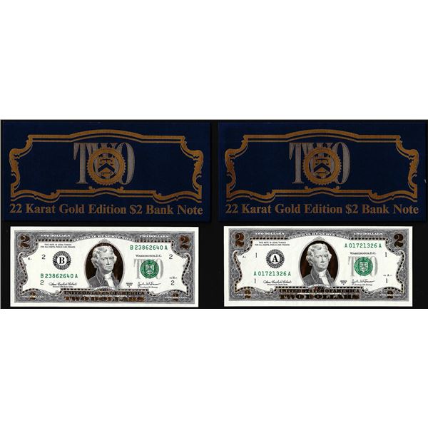 Lot of (2) 2003A 22KT Gold Leaf $2 Federal Reserve Notes Uncirculated in Envelope