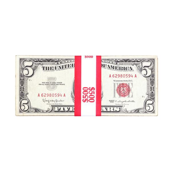 Lot of (100) 1963 $5 Legal Tender Notes