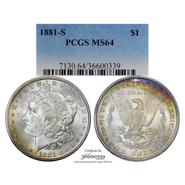 1881-S $1 Morgan Silver Dollar Coin PCGS MS64 Amazing Toning