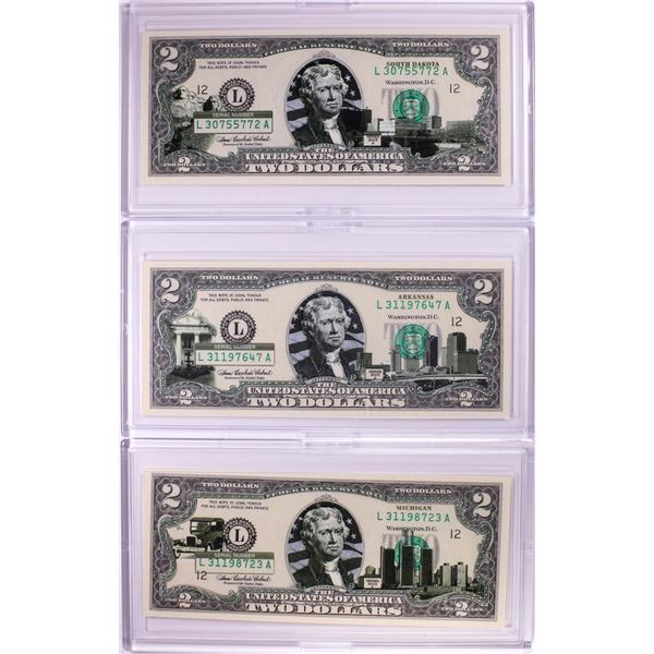Lot of (3) 2003A $2 Colorized Overprint Federal Reserve Notes in Cases