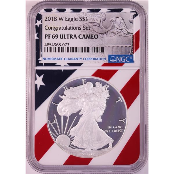 2018-W $1 Proof American Silver Eagle Coin NGC PF69 Ultra Cameo Congratulations Flag