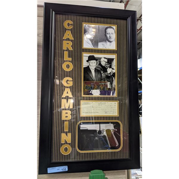 Carlo Gambino framed memrobilia - Authentic signed check, mug shot and a replica of his gun