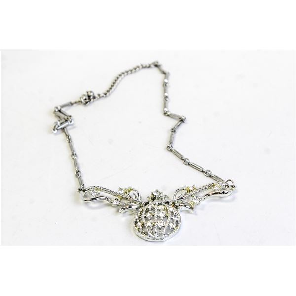 ORNATE SILVER TONE RHINESTONE GLOBE NECKLACE