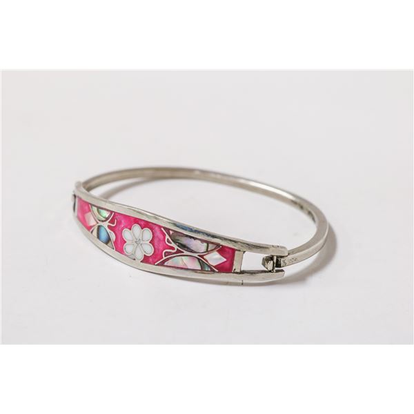 MEXICAN SILVER BRACELET WITH PINK FLORAL INLAY