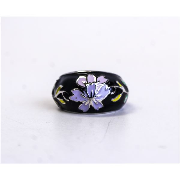 925 SILVER WITH PURPLE FLOWER ENAMEL RING