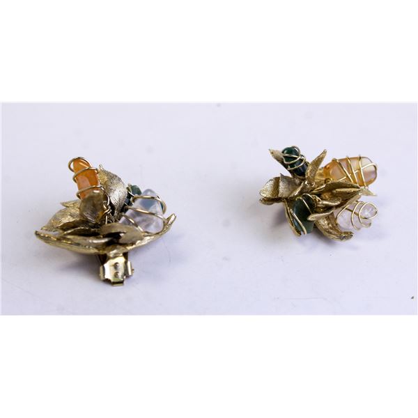 ORNATE SILVER TONE AND STONE FLOWER CLIP EARRINGS