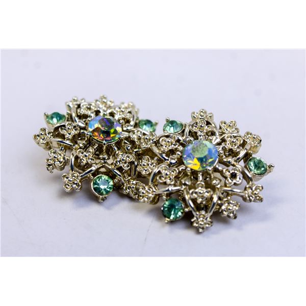 GOLD TONE WITH BLUE BOREALIS STONE CLIP EARRINGS