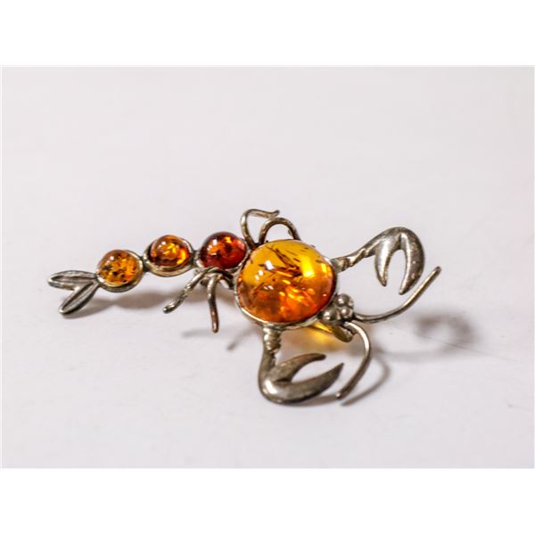 925 SILVER SCORPION BROOCH WITH AMBER STONE BODY