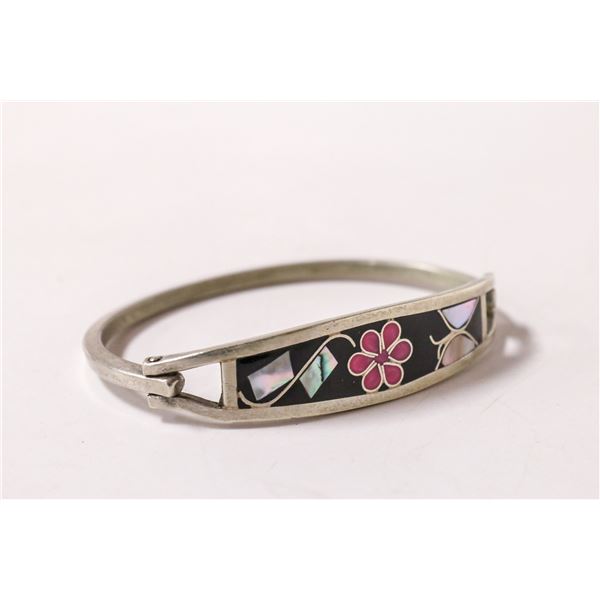 MEXICAN SILVER BRACELET WITH FLORAL INLAY
