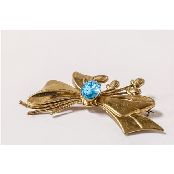 VINTAGE BOW BROOCH W BLUE STONE COSTUME