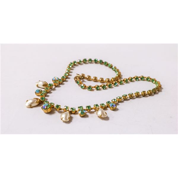 15" COSTUME NECKLACE GREEN BLUE AND FAUX PEARL