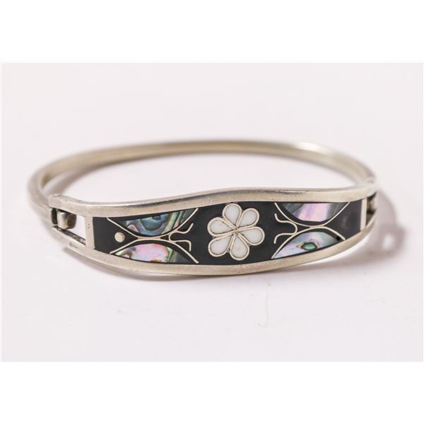 MEXICAN SILVER BRACELET WITH FLORAL INLAY