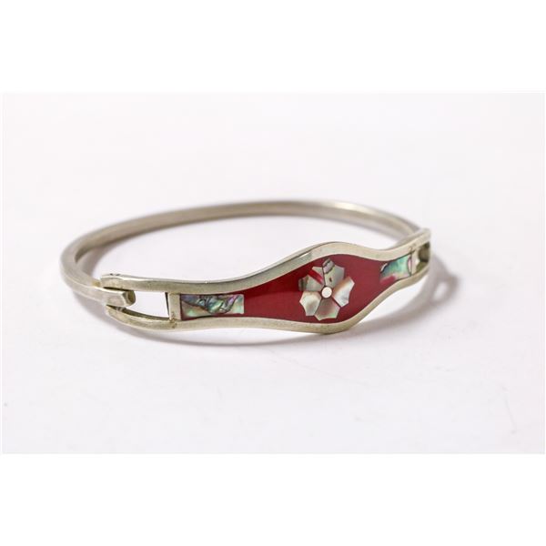 MEXICAN SILVER BRACELET WITH RED FLORAL INLAY
